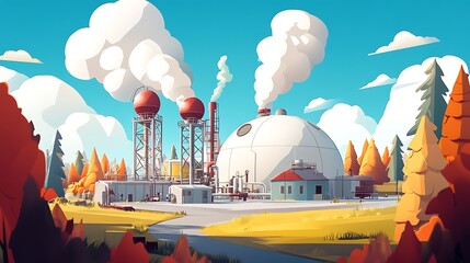 Poster - Cartoon Illustration of a Factory Surrounded by Forest.