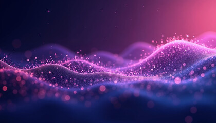 Poster - A vibrant wave of light particles in pink and blue, a mesmerizing abstract background for digital presentations. Purple background with many glowing particles. Information technology background. 