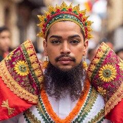 Create a full shot of Virgin of Guadalupe Day festivities with deep focus and an eye-level view, rendered in a photo-realistic style. Feature Latino male individuals actively participating