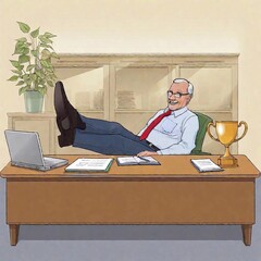 Wall Mural - A cartoon image of an older multiracial businessman in his 60s, relaxing in his office with a desk full of awards and accolades. He is depicted with a relaxed, satisfied expression, reflecting a