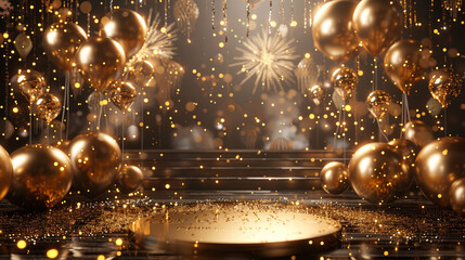 Poster - A luxurious podium adorned with sparkling gold balloons and elegant New Year streamers, with a stylish backdrop of glowing fireworks and champagne bottles in the background.