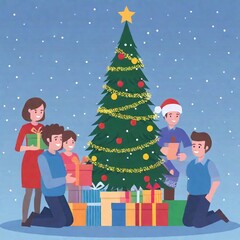 Christmas card with A full shot of a family gathered around the Christmas tree, exchanging gifts and smiling, in deep focus, vector style