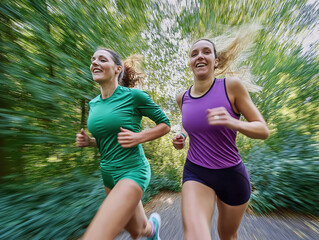 Two women running fast on a forest trail, enjoying an intense outdoor workout.