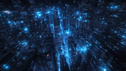 Aufkleber - Abstract blue digital city lights with glowing lines.