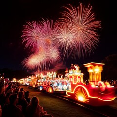 Wall Mural - Spectators watching glowing fireworks as brightly lit floats pass by, creating a magical atmosphere