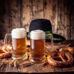 oktoberfest beer with pretzel and beer on wooden background.