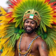 Wall Mural - Full body photo of a multiracial male adult performing at the Rio Carnival, showcasing a dynamic pose in an elaborate costume. The costume should be detailed with feathers, sequins, and bold colors