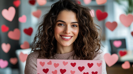 Woman sitting at her office desk, smiling while opening a Valentine's Day card with heart-shaped confetti spilling out workday surprise 