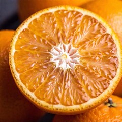 Wall Mural - detailed close-up of an orange's segments, showing the juicy interior in sharp focus from above while the peel and background gently blur out