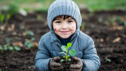 Cheerful child with muddy hands holding a small green sprout, smiling while sitting beside a freshly tilled garden patch early spring gardening excitement 