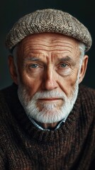 Wall Mural - A close-up portrait of an older man with a beard wearing a knitted sweater and a hat, showcasing wisdom and experience in a dimly lit environment