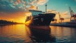 © ALIF JATI KUSUMA - Cargo ship docked at sunset near industrial cranes.