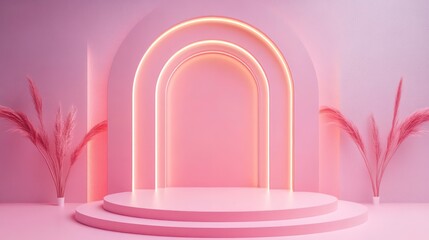 Poster - A pink platform with neon archways and pampas grass on a pink background.