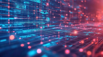 Poster - Abstract digital network background with glowing lines and dots in red and blue colors.