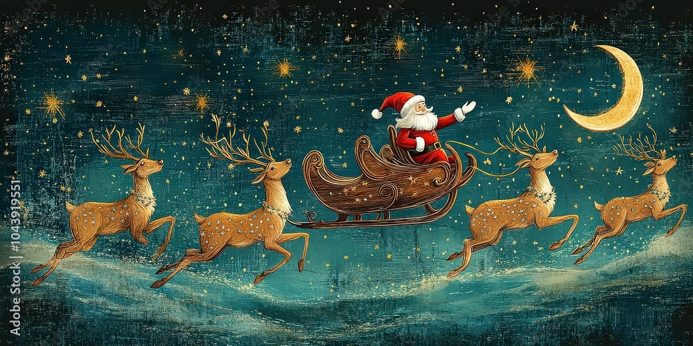 Classic Santa on sleigh pulled by reindeer under starlit sky ...