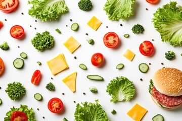Aufkleber - Fresh ingredients for a delicious burger are artfully scattered, featuring lettuce, tomatoes, cheese, and meat in an inviting display. Generative AI