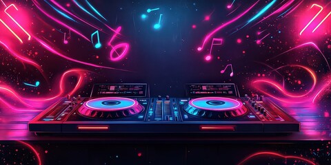  Vibrant DJ setup with neon lights and musical notes, capturing energy of nightlife, music mixing, and dance scene. Perfect for party vibes.