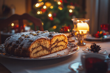 sliced festive cake dusted with powdered sugar