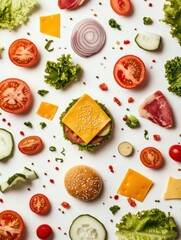 Aufkleber - Fresh burger ingredients like lettuce, tomatoes, cheese, and meat are scattered artfully across a clean, bright surface, inviting creativity. Generative AI