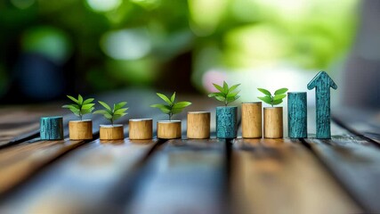 Poster - A conceptual image of small plants growing on wooden columns, representing business growth, investment success, and environmental sustainability