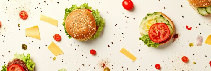 Poster - Fresh burger ingredients like lettuce, tomatoes, cheese, and meat are creatively arranged on a white surface, perfect for culinary designs. Generative AI