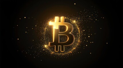 Poster - A 3D golden Bitcoin symbol surrounded by a halo of glowing particles against a black background.