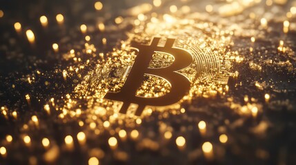 Poster - A golden Bitcoin symbol on a dark background surrounded by sparkling lights.