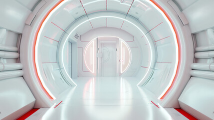 Poster - Futuristic corridor with sleek white walls and glowing lights in a high-tech environment