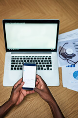 Poster - Closeup, laptop and hands on desk with phone screen, to do list and notes for marketing information. Technology, business person and digital with cellphone app for research, connectivity and typing