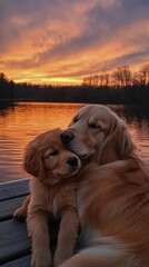 Canvas Print - Two golden retrievers cuddling by a lake at sunset with vibrant colors reflecting on the water