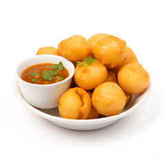 Wall Mural - Bowl of potato balls snack isolated on white background