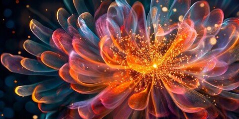 Sticker - A vibrant abstract flower blooms in striking colors. This digital art piece showcases swirling petals and luminous sparks of light. Ideal for creative projects. AI