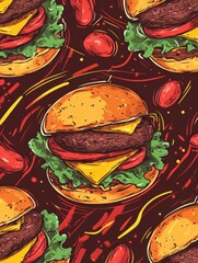 Poster - Fresh lettuce, ripe tomatoes, melted cheese, and juicy beef patties are scattered, illustrating the components of a classic burger. Generative AI