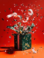Poster - The gift box erupts with a playful mix of confetti and ribbons, creating a festive atmosphere perfect for celebrations. Generative AI