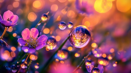 Poster - Vibrant Flowers with Dew Drops and Bokeh Background