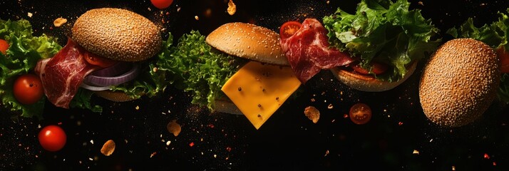Aufkleber - Fresh ingredients for a delicious burger are expertly arranged with vibrant colors, showcasing lettuce, tomatoes, cheese, and meat. Generative AI
