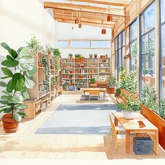 Canvas Print - Watercolor Illustration of a Sunlit Room with Plants, Bookshelves, and Wooden Furniture.