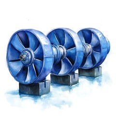 Watercolor Illustration of Three Blue Industrial Turbine Wheels.