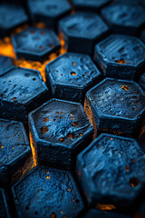 Poster - A series of hexagonal tiles are arranged closely together, featuring a textured blue surface with small indentations. Low light creates a glowing effect, emphasizing the unique shapes and colors.