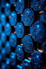 Poster - A detailed close-up showcases a series of illuminated hexagonal patterns with vibrant blue lighting.