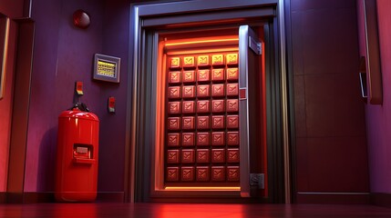 Wall Mural - Red Door with a Pattern of Squares in a Dark Room.