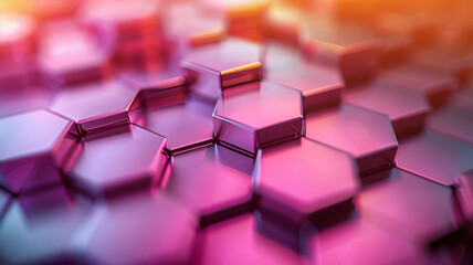 Poster - A close-up view showcases vibrant hexagonal shapes with a shiny surface, reflecting light in shades of pink and purple.