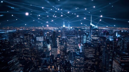 Aufkleber - Night cityscape with digital network connections above.