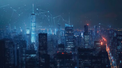 Aufkleber - Night cityscape with digital network connections above.
