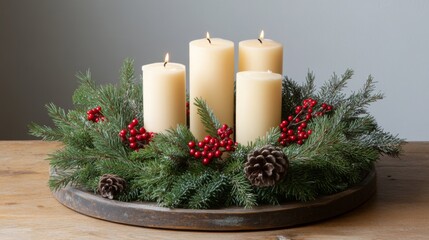 Poster - Festive Candle Arrangement with Pine and Berries