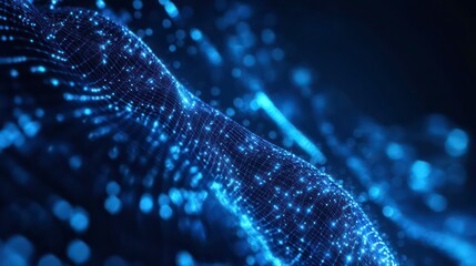 Poster - Abstract blue glowing wave of particles on a dark background.