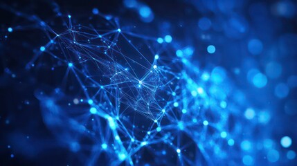 Poster - Abstract blue network of glowing lines and dots on a black background.