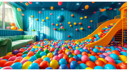 A vibrant playroom filled with colorful balls and a yellow slide, perfect for children's entertainment and fun activities.