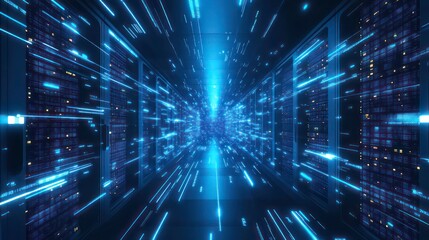 Poster - Abstract futuristic server room with glowing blue light streaks and rows of servers in the background.