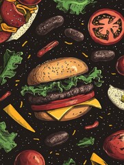Aufkleber - A vibrant collection of burger ingredients including lettuce, tomato, cheese, and meat adds flavor to a dark-themed culinary display. Generative AI